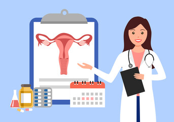 Doctor explaining on uterus structure and woman disease concept vector illustration on white background. Female gynecology internal organ flat design.
