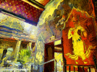 Fototapeta premium The grand palace wat phra kaew bangkok thailand Illustrations creates an impressionist style of painting.
