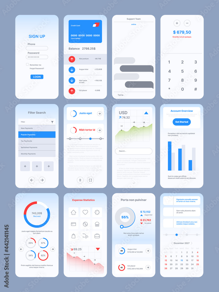 Poster Web pages design. App online templates with user ui kit various modern symbols icons navigation frames search bar sliders buttons dividers garish vector illustrations