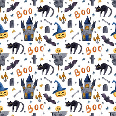 Hand drawn watercolour seamless pattern. Pumpkins, witch hat, ghosts. Halloween night.