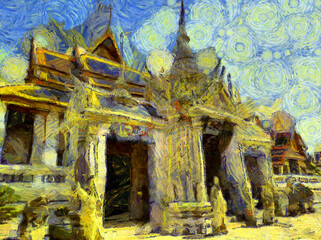 The grand palace wat phra kaew bangkok thailand Illustrations creates an impressionist style of painting.