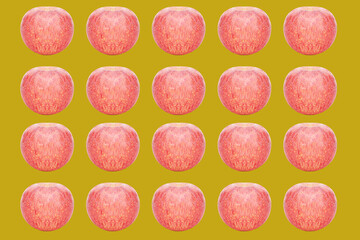  photo apple dark yellow background many pictures are arranged beautifully. Used to destroy shirts or wallpaper, top view. flat lay