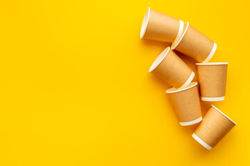 Group of paper cups for take away coffee or tea. Top view