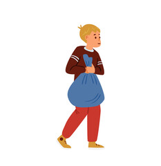 Boy Carrying Trash Bag Vector illustration. Isolated On White.