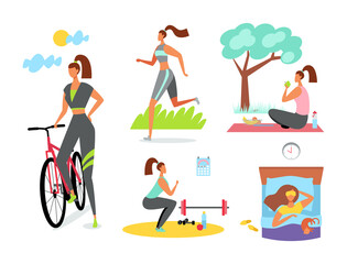Healthy lifestyle set. Flat vector illustration of a woman with a bike, runs, eats healthy food, goes in for sports, exercises, healthy sleep. Taking care of yourself. World Health Day.
