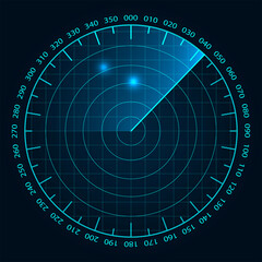 Blue radar screen. Military air search system. Vector HUD radar display. Futuristic interface radio detection.