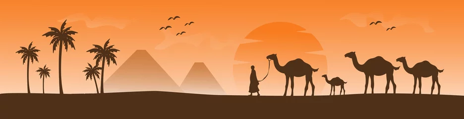Foto op Plexiglas arabesque web horizontal banner, camel and palm tree silhouette, beautiful sunlight, sunset, sunrise, islamic background template illustration vector © Nustian Degraf