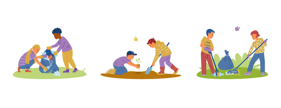 Vector Set Of Children Volunteers Collecting Trash, Planting Seedlings. 