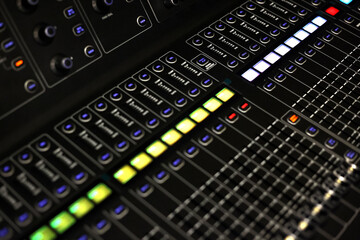 Audio sound mixer&amplifier equipment, sound acoustic musical mixing&engineering concept background, selective focus .control room of a recording studio