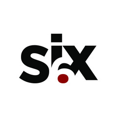 Typography of word six with black color and little red color.