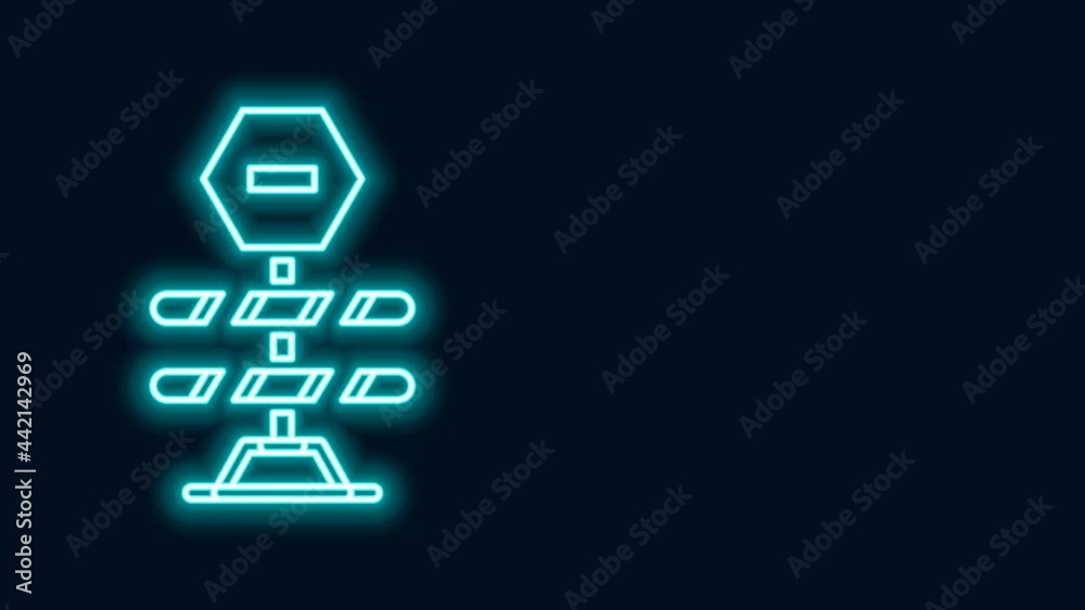 Poster glowing neon line road barrier icon isolated on black background. symbol of restricted area which ar