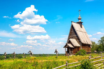 Fototapeta premium Wooden church of the Resurrection of Christ on the Levitan Hill in Ples. Summer sunny day. Inanovo Region, Russia