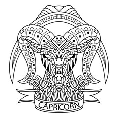 Hand drawn of capricorn in zentangle style