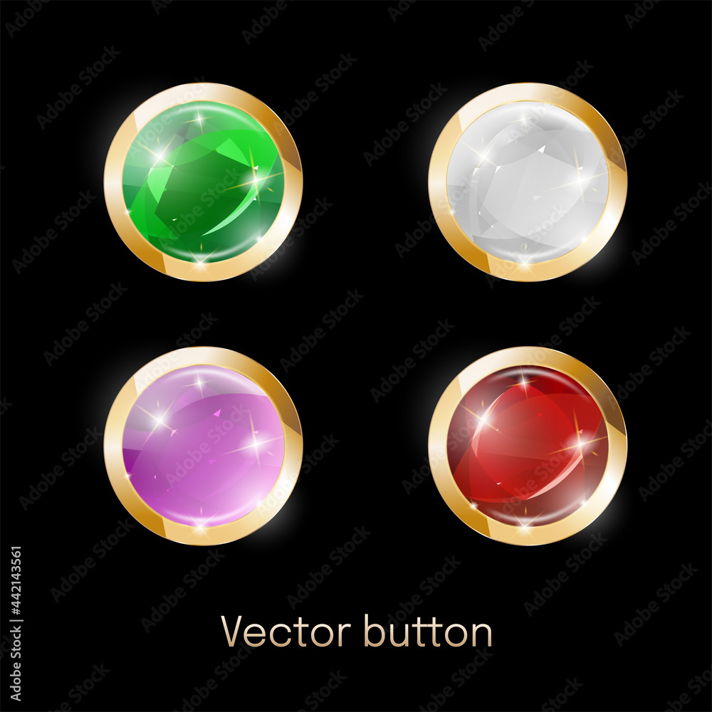 Wall mural set of vector buttons. 3d round crystal buttons with glowing gold frame. adamand and gold is premium
