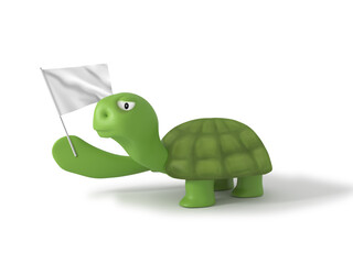 3D illustration of a green turtle holding a white flag