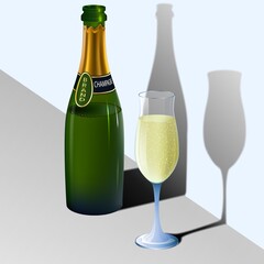 Drinks. A bottle of champagne and a glass. Abstract vector illustration of an open champagne bottle with a filled glass with shadows on the wall. A sketch for creativity.