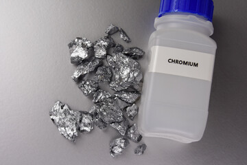 Pure chromium metal stock images. Laboratory accessories stock photo. Laboratory equipment on a silver background. Cr, chemical element stock images - obrazy, fototapety, plakaty