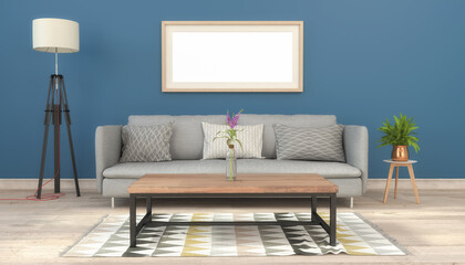 Skandinavisches, nordisches Wohnzimmer mit einer Couch und Tisch - leerer Bilderrahmen - Textfreiraum - Platzhalter