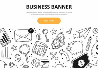 Web banner concept on the theme of business and finance with different cute doodle elements. Vector black and white illustration for sites, web banners.