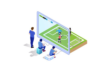 Isometric playing football game console with friends when bored, Suitable for Diagrams, Infographics, Book Illustration, Game Asset, And Other Graphic Related Assets