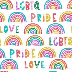 Fun hand drawn lgbtq seamless pattern, colorful background with letters, hearts, rainbows, great for textiles, banners, wallpapers, wrapping - vector design