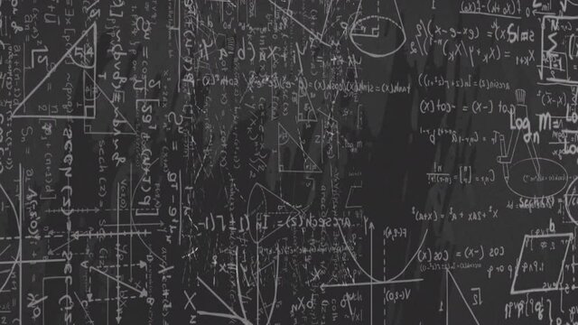 Animation of mathematical equations over distressed grey background