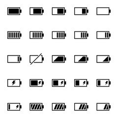 A pack of battery-related icons. Pure energy, electricity and charge thematic.