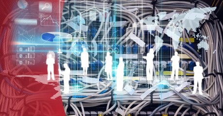 Composition of digital icons, data processing and world map