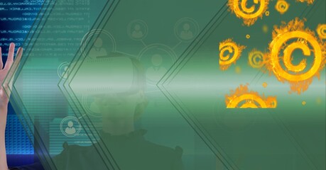 Composition of digital icons with businesswoman wearing vr headset