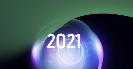 Composition of 2021 over purple lit lightbulb