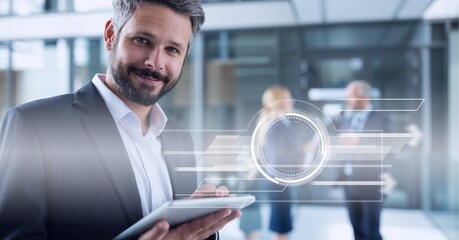 Animation of financial data processing over businessman using tablet