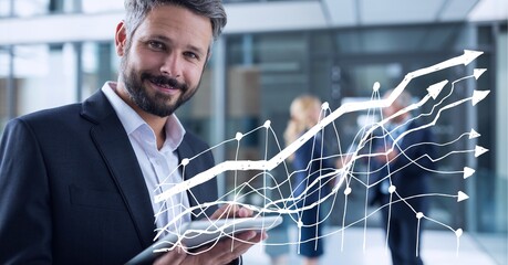 Animation of financial data processing over businessman using tablet