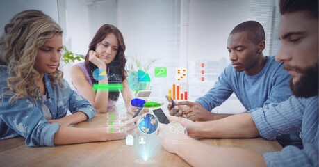 Composition of digital icons over business people using smartphones