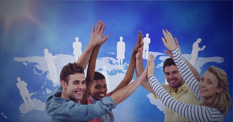 Composition of network of digital icons over people high fiving