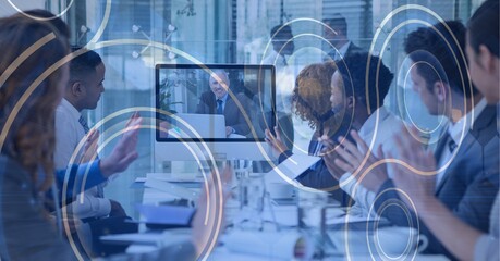 Composition of network of digital scopes over people clapping in business video meeting