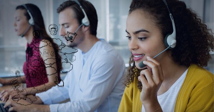 Composition of digital icons over business people using phone headsets