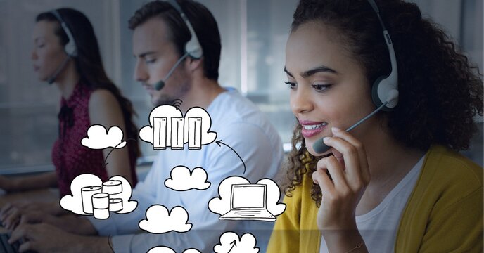 Composition of digital icons over business people using phone headsets