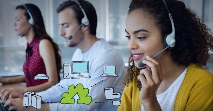 Composition of digital icons over business people using phone headsets