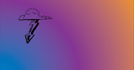 Composition of black thunder icon over orange to purple background