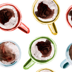 Colored cups with cocoa watercolor seamless pattern. Template for decorating designs and illustrations.
