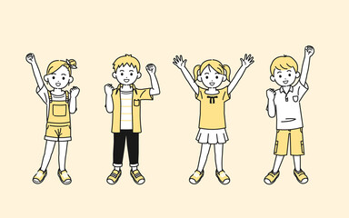Naklejka premium 元気な男の子と女の子のイラスト 友達 子供達 小学生 低学年 笑顔 全身