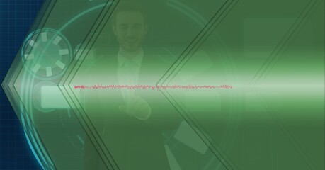 Animation of data processing over businessman touching screen