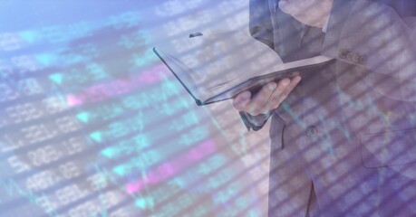 Composition of financial data processing over businessman with notebook