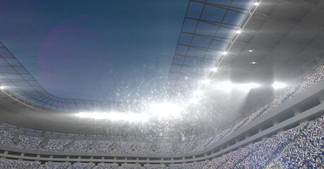 Composition of sports stadium with glowing spotlights and copy space