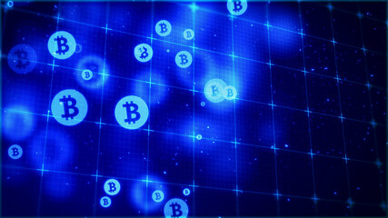 デジタル背景に浮遊する仮想通貨のイメージ