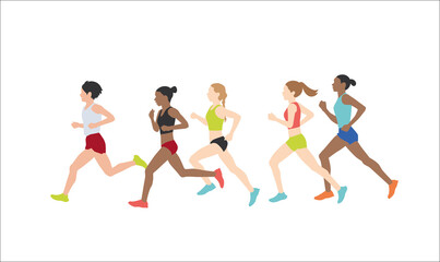 Women dressed in sports clothes running marathon race. Participants of athletics event trying to outrun each other. Flat cartoon characters isolated on white background. Vector illustration.