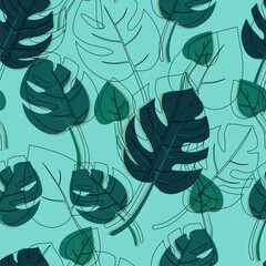 seamless pattern with Monstera leaves and its outlines of different sizes and angles, made in vector. Pattern for background, packaging, decor, wallpaper, textile.