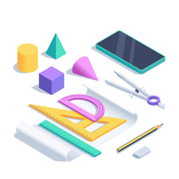 isometric vector illustration on a white background, a set of elements for the topic of studying geometry and drawing, exact sciences