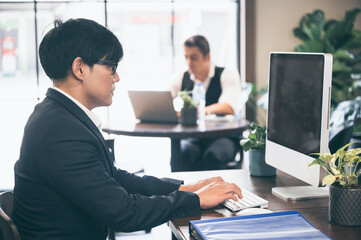 professional executive businessman person in suit working confident in business corporate office, job manager, male working online successful with modern computer