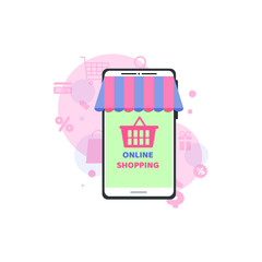 Online store on the phone, application, shopping site. Mobile phone with touch screen, shopping tent canopy and grocery basket icon. Vector illustration, flat cartoon design.